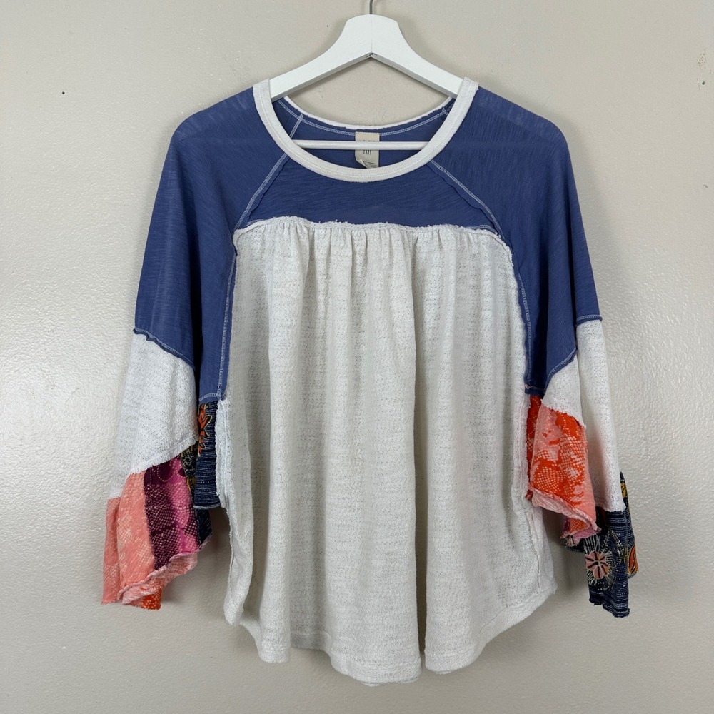 We The Free Women's S Mixed Media Boho Bell Sleeve‎ Top Blue White Coral